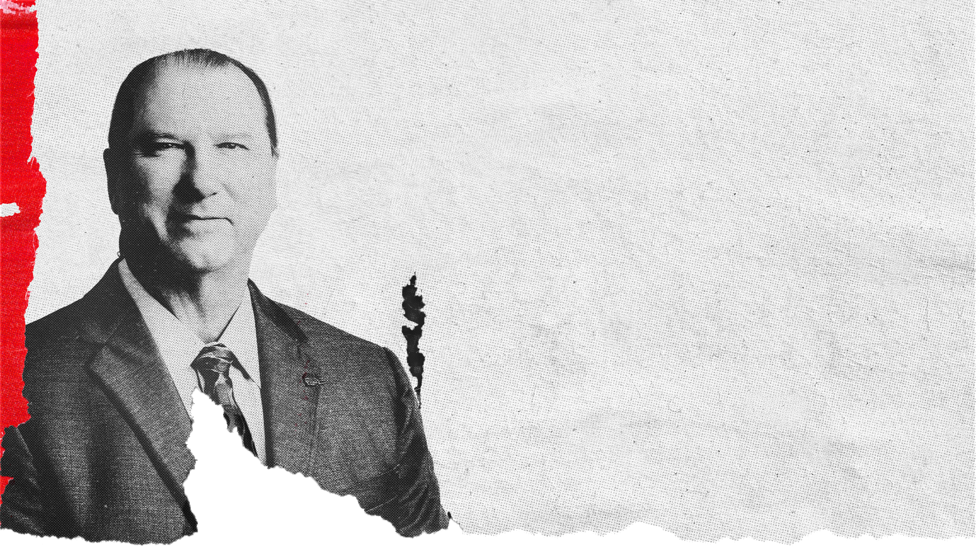 Scott Houldieson’s headshot in black and white with a tear in it