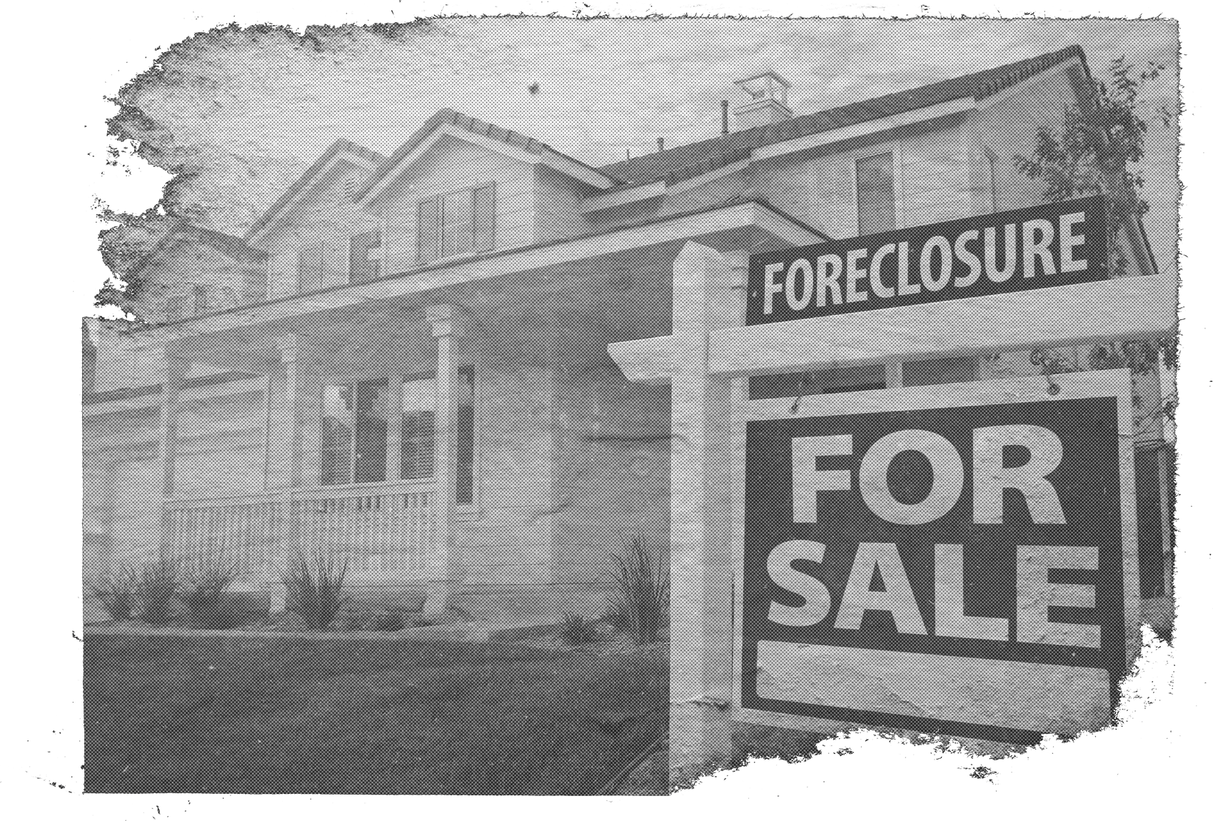 A large family home with a “For Sale” sign in front of it that reads “Foreclosure”