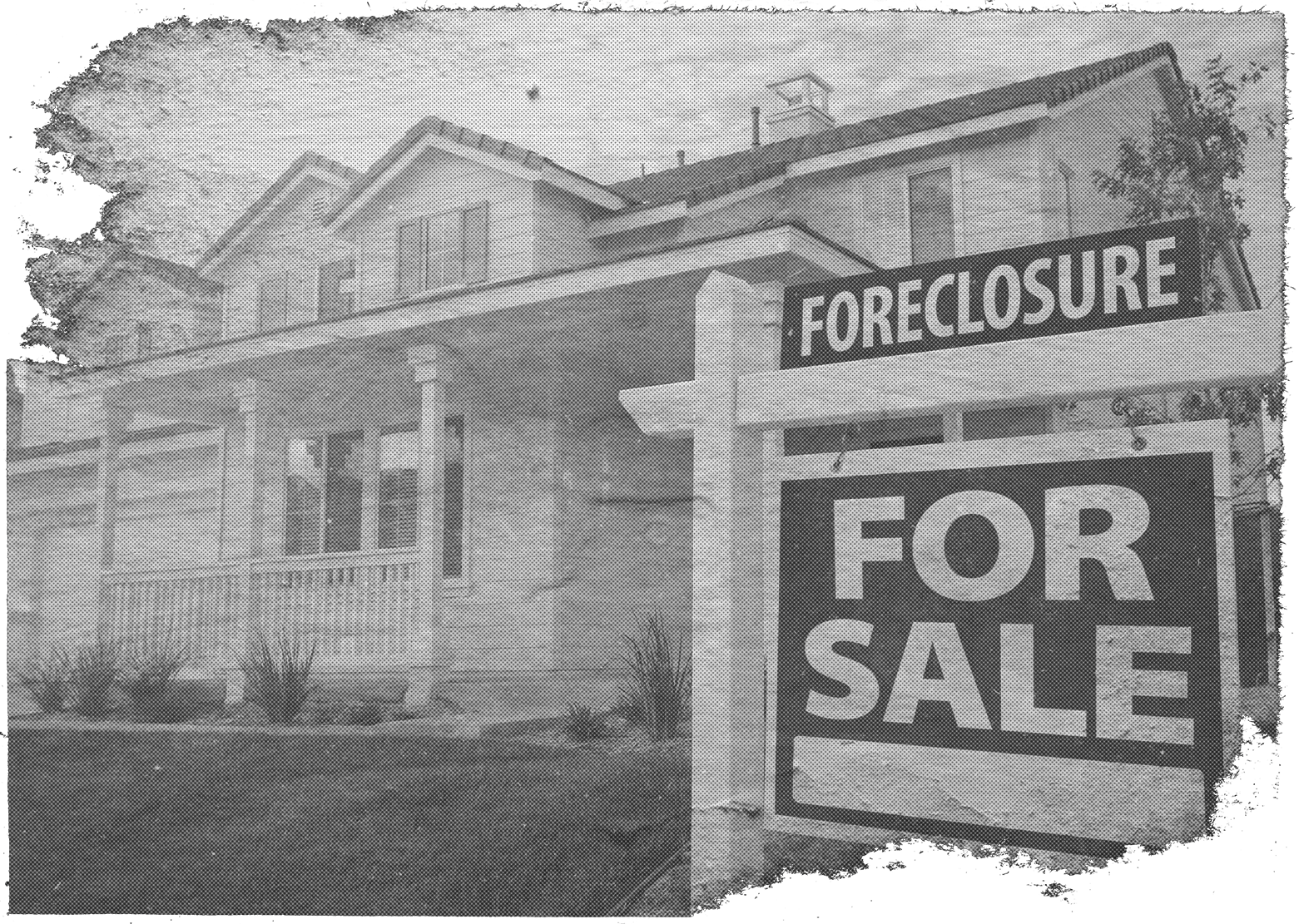 A large family home with a “For Sale” sign in front of it that reads “Foreclosure”